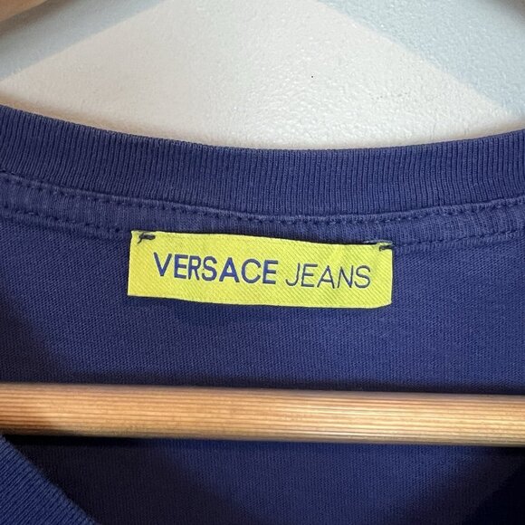 Versace Jeans Spellout T Shirt Mens Size L/XL V Neck Navy Blue Silver Foil - Picture 2 of 8
